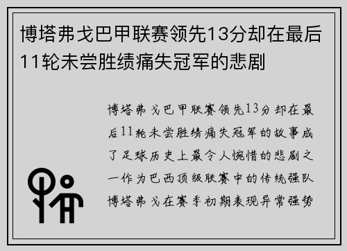 博塔弗戈巴甲联赛领先13分却在最后11轮未尝胜绩痛失冠军的悲剧