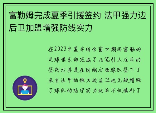 富勒姆完成夏季引援签约 法甲强力边后卫加盟增强防线实力