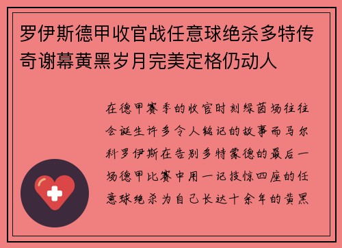罗伊斯德甲收官战任意球绝杀多特传奇谢幕黄黑岁月完美定格仍动人